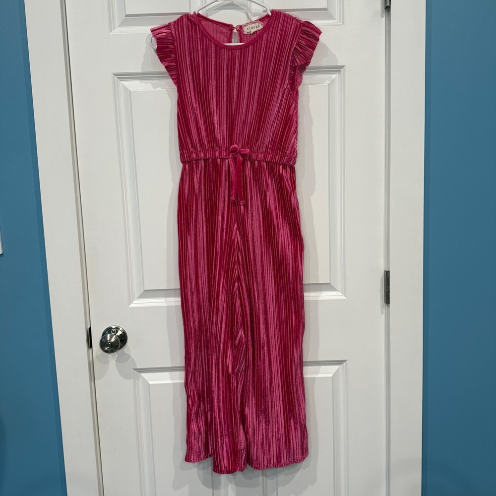 Btween Girls Pink Pleated Velvet Jumpsuit Flutter Sleeve Wide Leg Romper Size 10